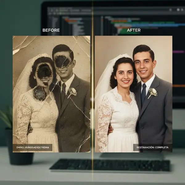 Comparativa de restauración de fotos antiguas dañadas por humedad y tiempo