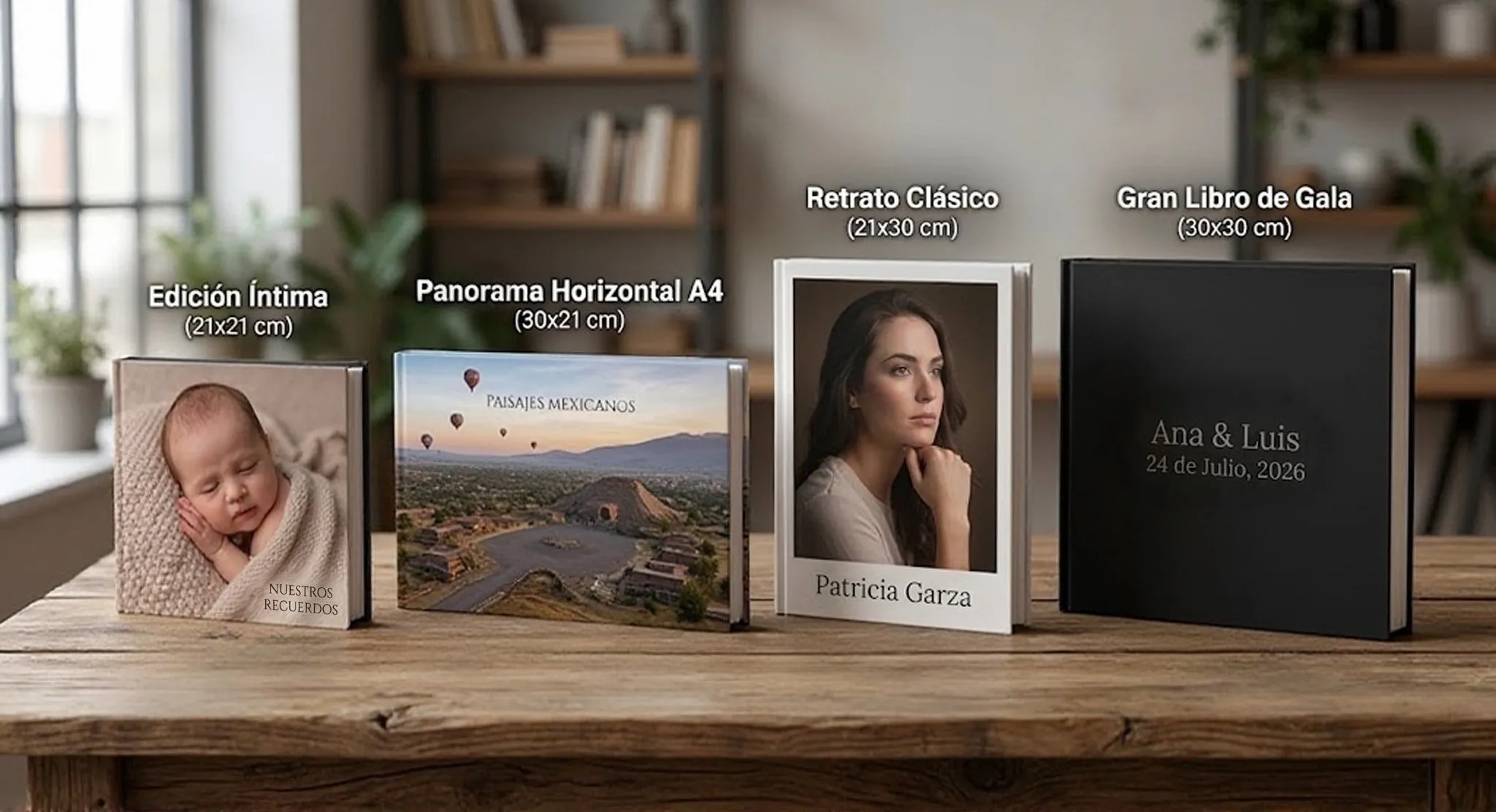 Comparativa de tamaños reales de fotolibros en CDMX: Edición Íntima (21x21 cm), Panorama Horizontal A4 (30x21 cm), Retrato Clásico (21x30 cm) y Gran Libro de Gala (30x30 cm)