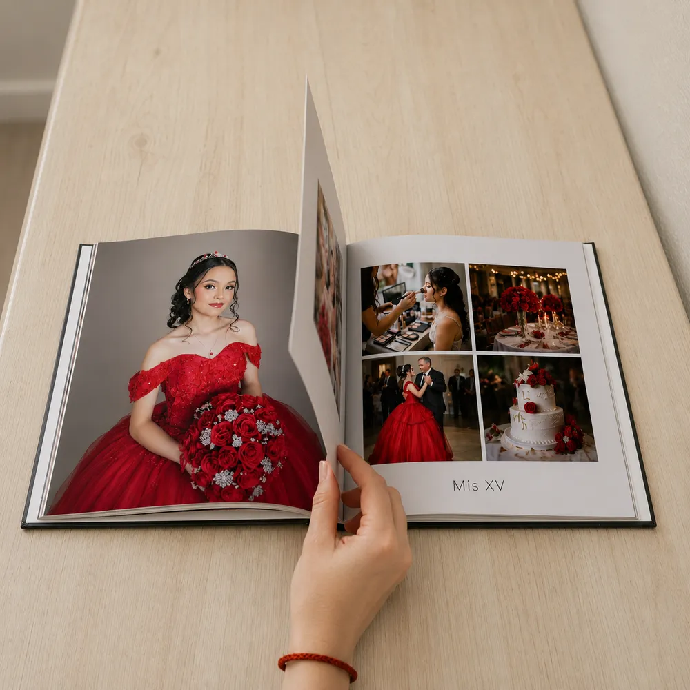 Fotolibro de XV años abierto en pasta dura, impreso en PixelPages