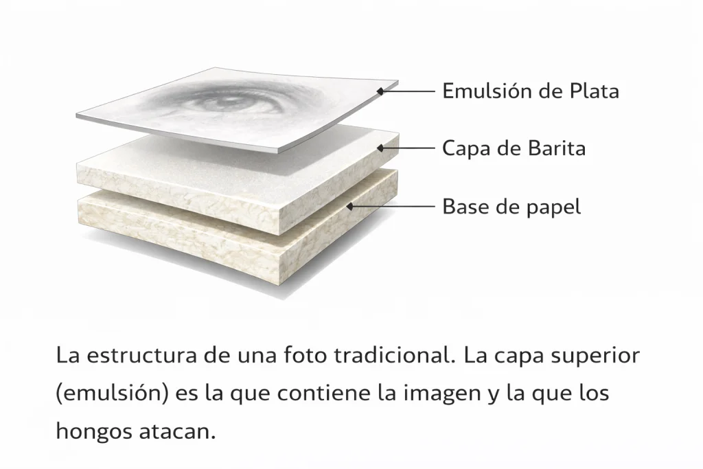 Estructura técnica de una foto: base, barita y emulsión de plata