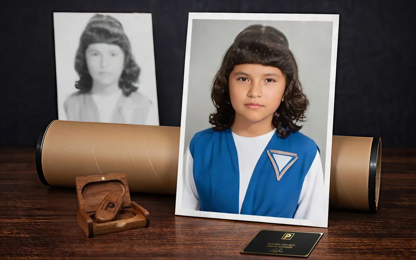 Resultado de restaurar fotos antiguas con PixelPages: impresión Fine Art 13x19 pulgadas, reconstrucción de rostros borrados y kit de legado con USB de madera y certificado