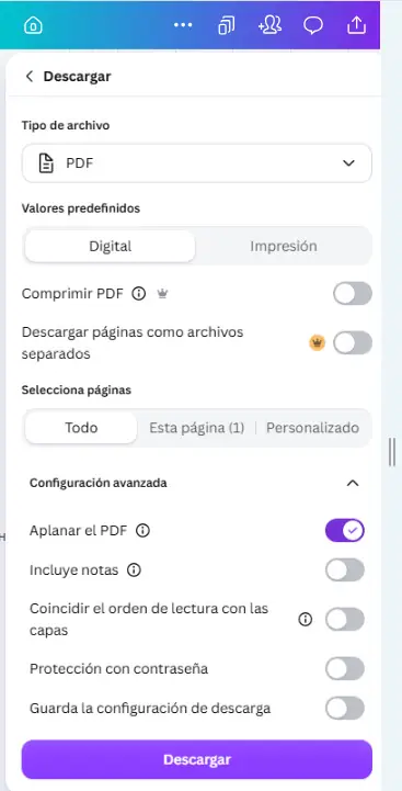 Panel de descarga en Canva seleccionando PDF para impresión y opción Aplanar el PDF