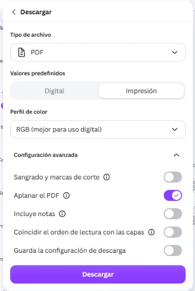 Panel de descarga en Canva seleccionando PDF para impresión y opción Aplanar el PDF
