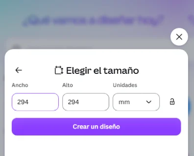 Configuración de tamaño personalizado en milímetros en Canva para fotolibro