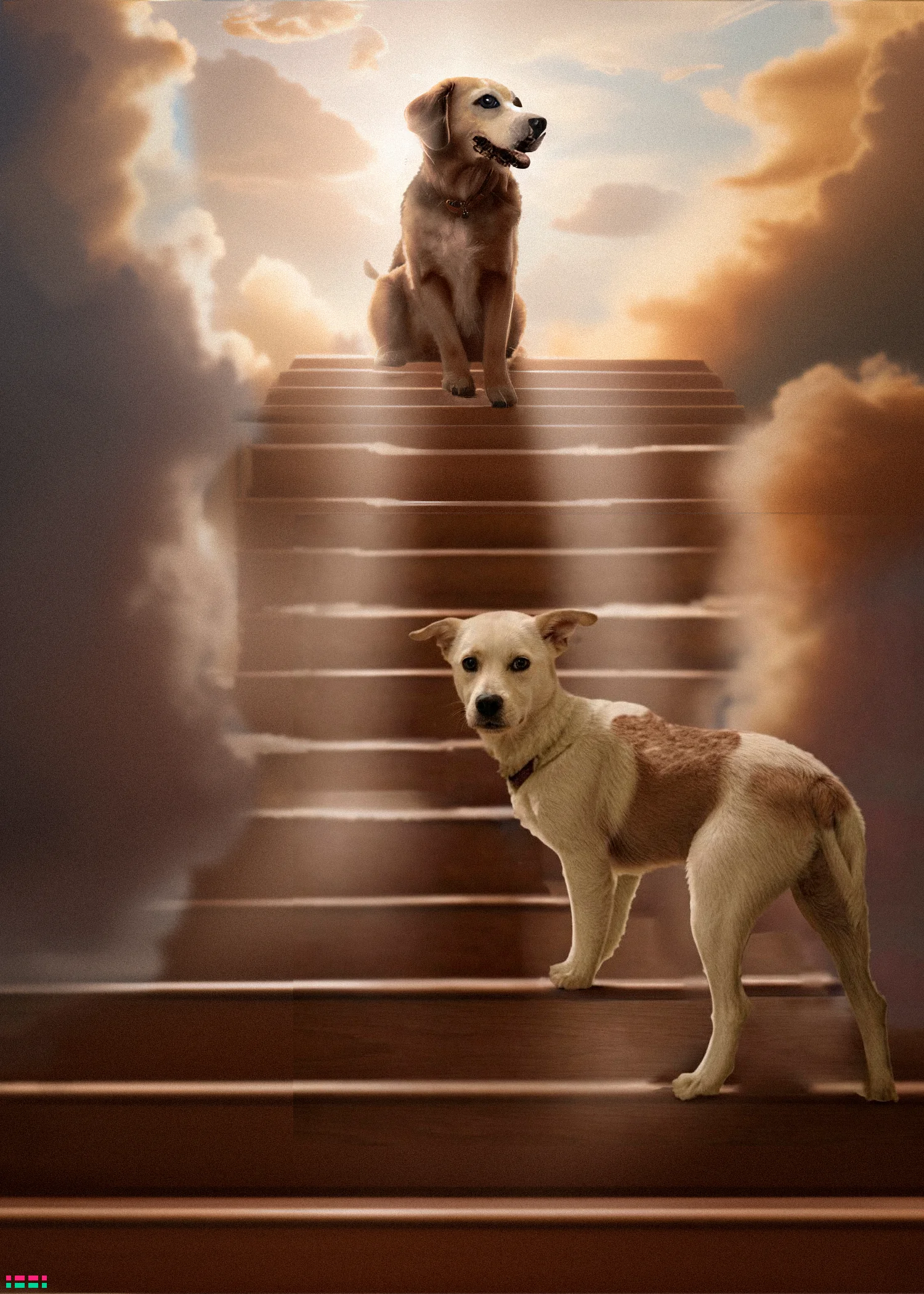 Montaje conmemorativo de dos perros fallecidos reencontrándose en una escalera hacia el cielo, creado por PixelPages