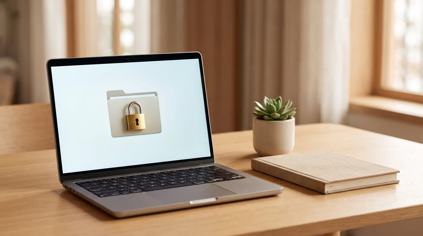Laptop con una carpeta con candado sobre un escritorio de madera: el archivo de tu fotolibro queda guardado de forma segura (imagen ilustrativa)
