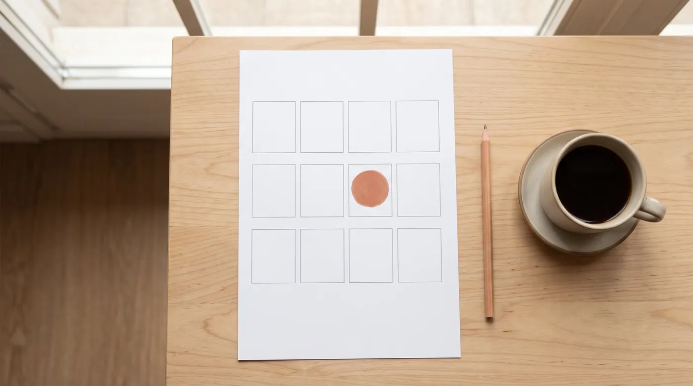 Hoja con doce cuadros vacíos y uno resaltado, junto a un lápiz y una taza de café: el archivo de tu fotolibro se guarda 12 meses (imagen ilustrativa)