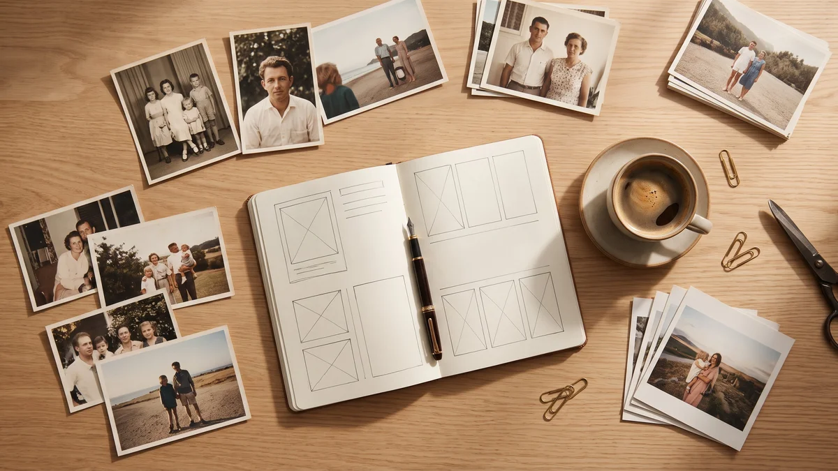 Mesa de trabajo de madera con fotografías impresas organizadas y cuaderno de maquetación para calcular páginas de un fotolibro