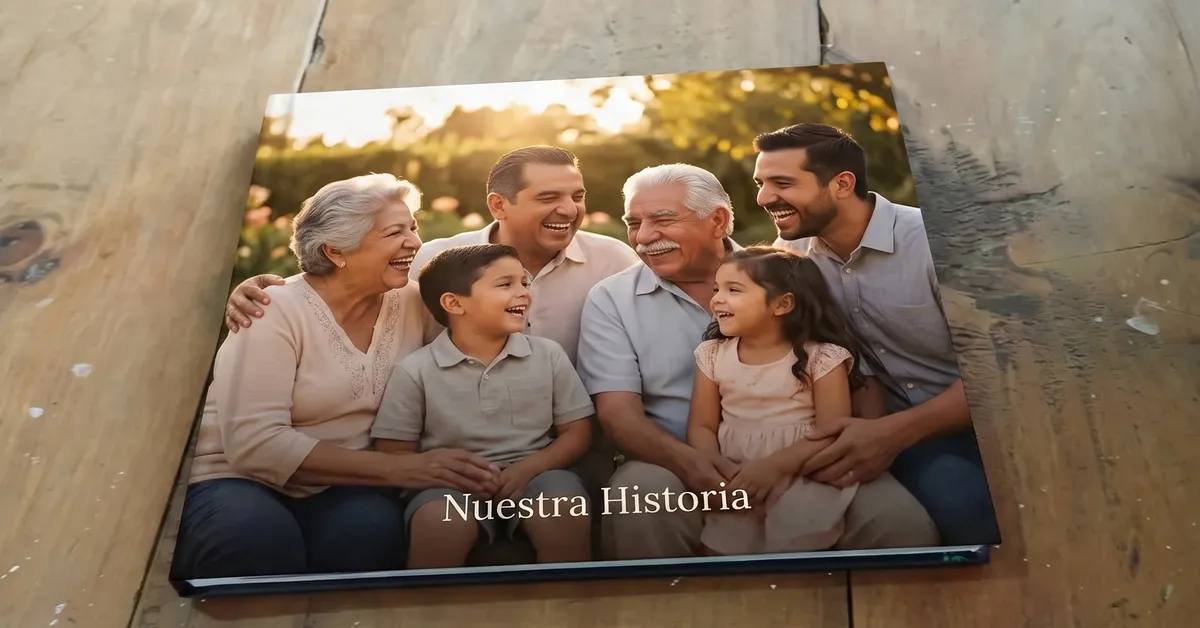 Fotolibro de pasta dura con una foto de abuelos, hijos y nietos sobre una mesa de madera: copias de tu fotolibro para cada familiar